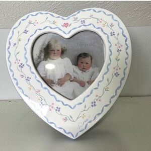 Dena for Charpente Heart Shaped Ceramic Picture Frame Floral Vine White Blue